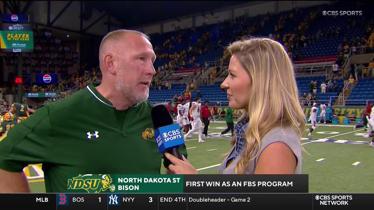 @Ndsufootball gets their first FBS win! 🔥 @Jordangiorgio talks to head coach Tim Polasek on the victory!