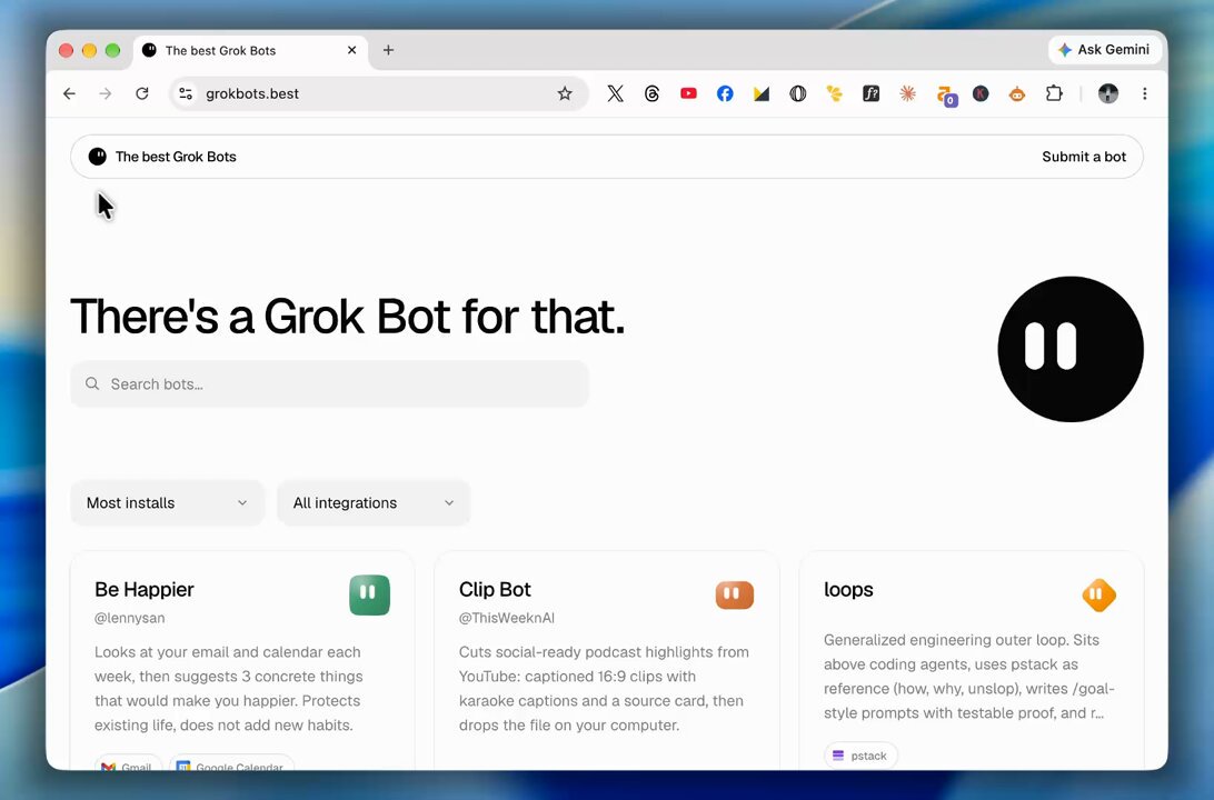 Anddd… we’re live! 🚀 Been seeing more and more awesome Grok Bots on X lately, so I decided to build a place to discover them all. More bots coming soon.