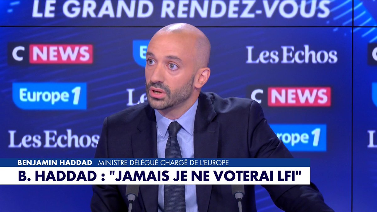 «Je ne mettrai jamais un bulletin LFI dans une urne», affirme Benjamin Haddad, ministre délégué chargé de l'Europe, dans #LeGrandRDV Toute l'info est à retrouver sur
