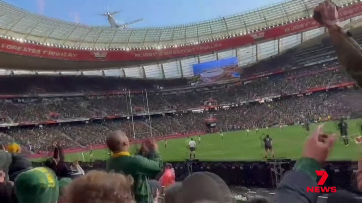 As for sporting stunts, what you're about to see will be hard to top. Thousands of rugby fans in South Africa were left in awe as two planes roared overhead just metres above the stadium roof.