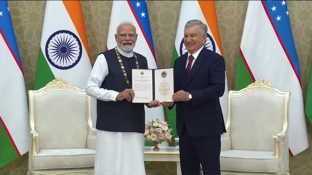 ➤ Prime Minister Narendra Modi conferred upon ‘Oliy Darajali Do’stlik’ Order in #Tashkent ➜ It is a moment of great pride for me to be honoured with Uzbekistan’s highest award. You used a word, “Dostlik,” with which the people of India are also very familiar. There is hardly a family in our country that does not use the word “Dost” a hundred times a day, and today, you have truly embodied the essence of “Dostlik.” “Dostlik” means friendship This very word perfectly encapsulates the core sentiment underlying the relationship between #India and #Uzbekistan. This honour is not for a single individual, it is an honour for all 1.4 billion Indians. On behalf of all my fellow citizens, I express my heartfelt gratitude to the people of Uzbekistan, the government, and my friend, the respected President: PM Narendra Modi PMO India
