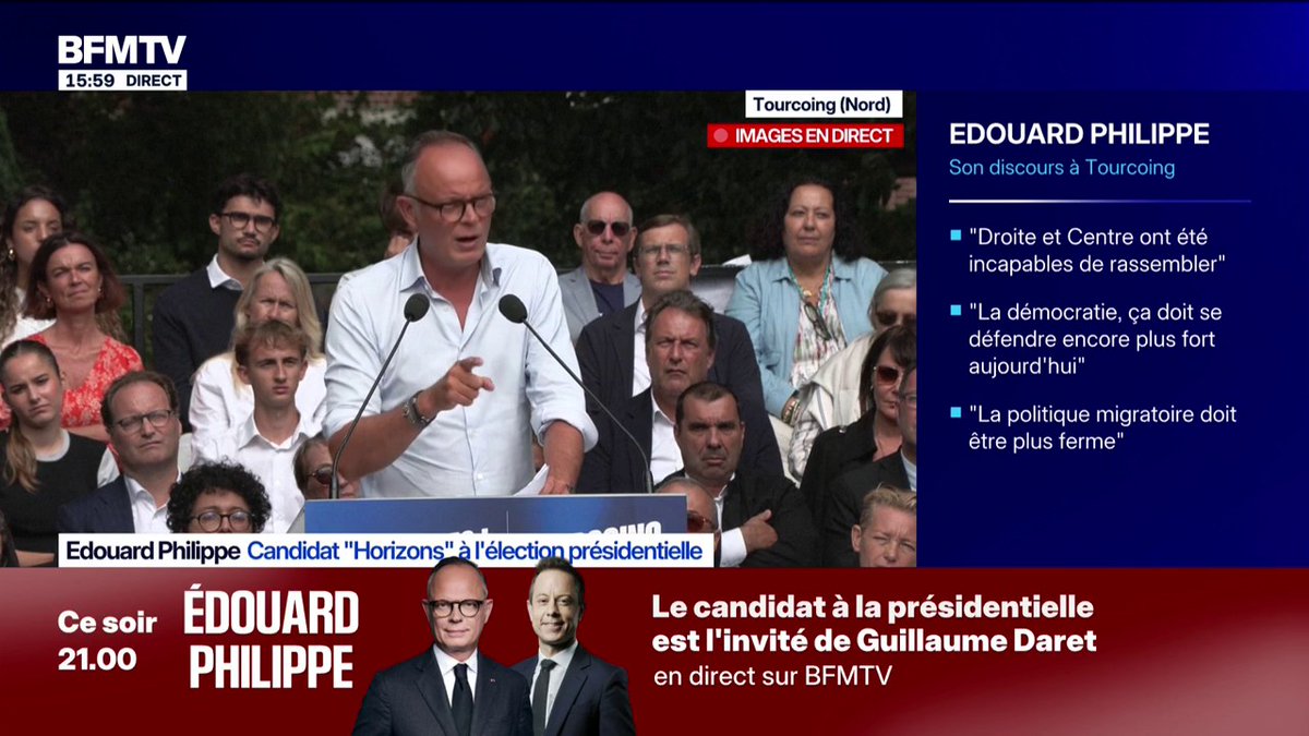 "Le sang et les larmes c'est lui", lance Édouard Philippe, candidat "Horizons" à l'élection présidentielle, à propos de Jean-Luc Mélenchon