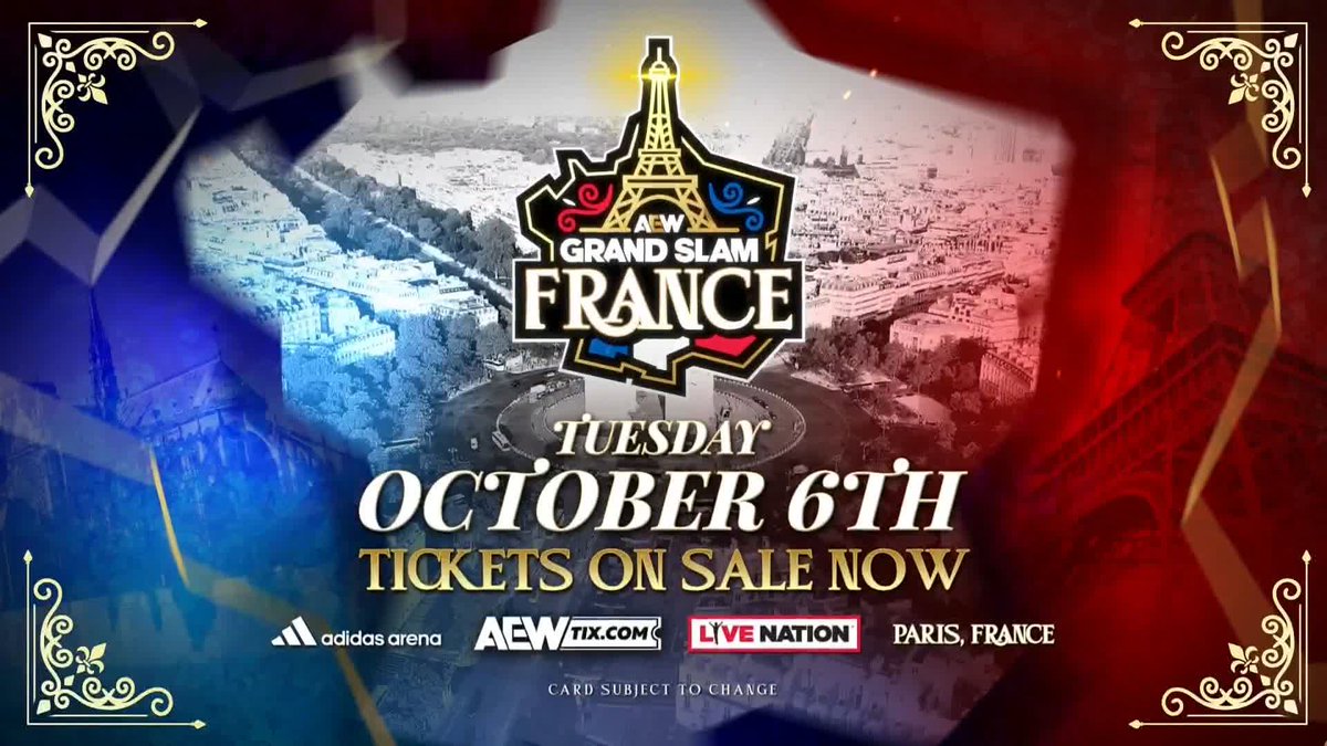 For the first time ever, #AEW is coming to France! AEW Grand Slam: France takes over adidas arena in Paris on Tuesday, October 6 for a historic night of action! Watch the #AEWAllIn London Buy In LIVE