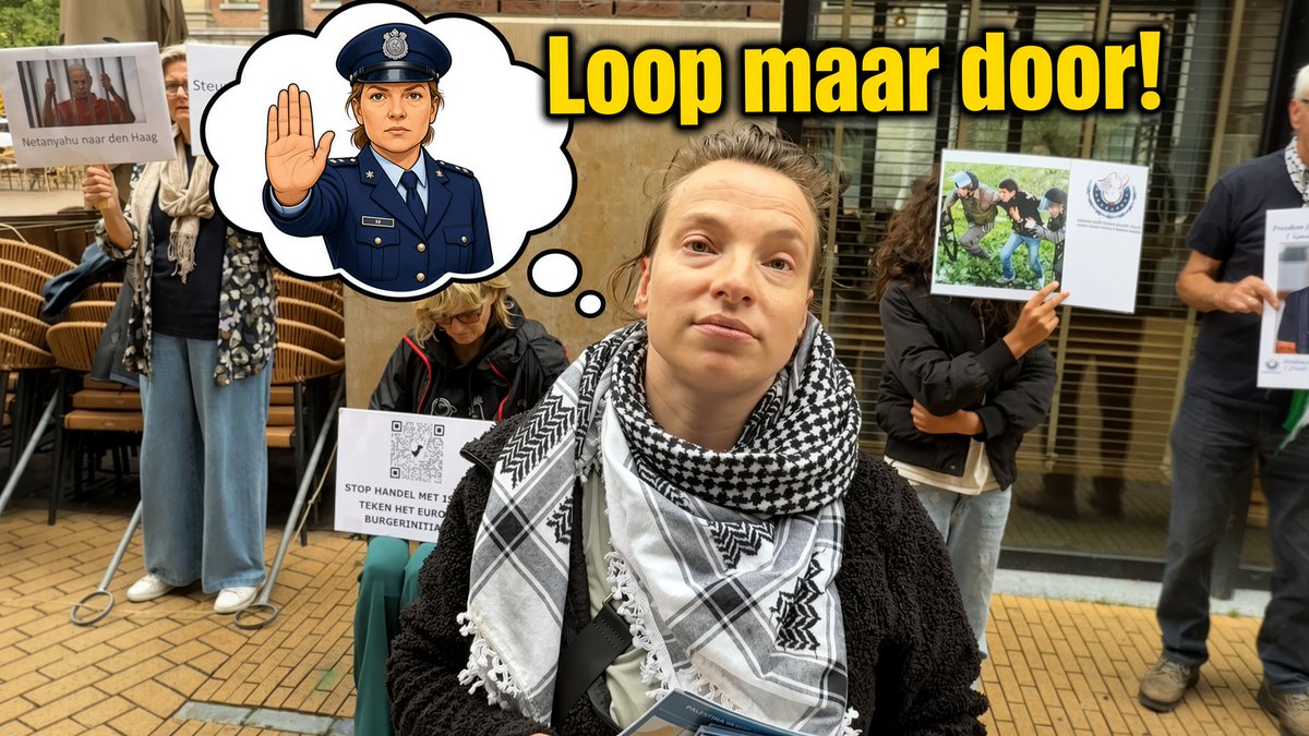 ”Loop maar door! Ik raad het je aan.” Mevrouw de Palestina-demonstrant denkt wel even te bepalen wie er stil mag staan en wie door moet lopen. Zelfs de burgemeester kreeg me niet van de straat, dus door deze zelfbenoemde hulpagent laten we ons al helemaal niet wegsturen. 🎥