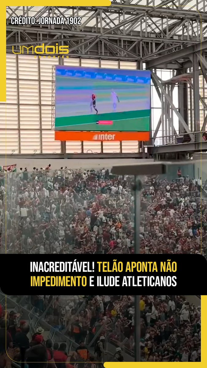 Você já tinha visto isso antes? Durante a checagem de possível impedimento no gol do Kevin Viveros, do Athletico, o telão chegou a mostrar que o lance estava normal, e a torcida comemorou muito. Só que era um erro. Segundos depois, a decisão foi corrigida, o impedimento foi confirmado e o gol acabou anulado. 🎥 Jornada 1902