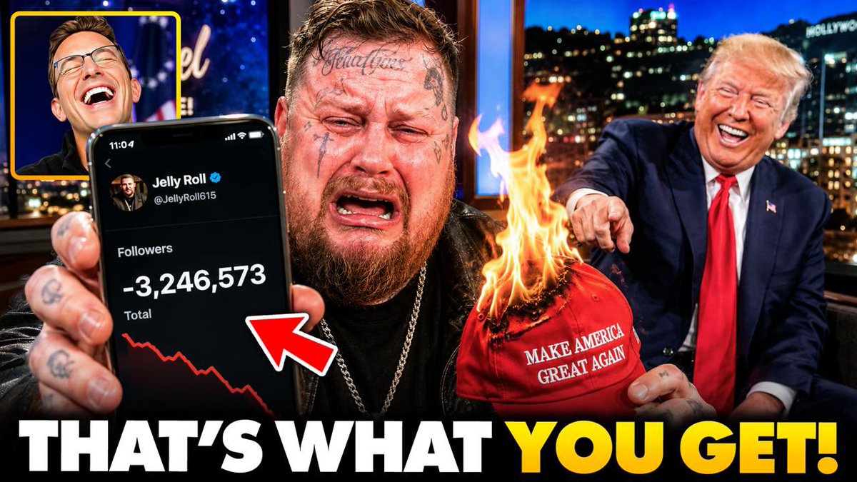 PANIC: Jelly Roll Loses Hundreds of Thousands of Followers After Betraying Fans. Public BREAKDOWN… Jelly Roll told his Trump-supporting country music fans to stop listening to him after he spent the week trashing Trump on Jimmy Kimmel...Well, his fans listened. He’s lost 44,000 on Instagram, 35,000 on Facebook, and hundreds of thousands total across platforms. On Jelly Roll’s final night on Jimmy Kimmel, he manipulated the Bible to push for open borders. That was the final straw for his audience. The fans have had enough. Jelly Roll did this to himself.