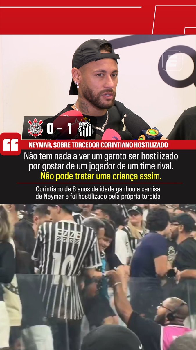 Neymar reprova atitude de torcedores do Corinthians que hostilizaram um corintiano de 8 anos que ganhou a camisa dele: "Tá errado, não pode tratar uma criança assim." 🎥 ESPN Brasil SportsCenter Brasil | Felipe Oliveira