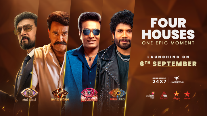 Four superstars. Four houses. One epic moment | Bigg Boss 😎🔥 Vijay Sethupathi, Nagarjuna, Kichcha Sudeepa and Mohanlal come together as the countdown begins for Bigg Boss Tamil, Telugu, Kannada and Malayalam. All four editions premiere on 6 September. The wait just got bigger! #VijayTelevision #StarMaa #Asianet #ColorsKannada #JioHotstar