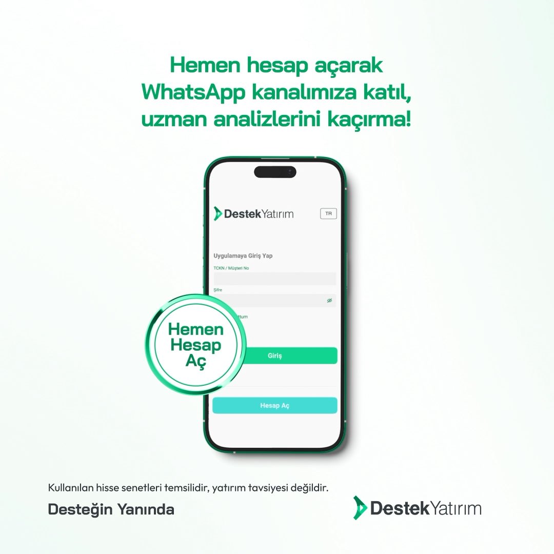 📊Destek Yatırım'la Piyasalar WhatsApp kanalına katılarak uzman ekibimizin hazırladığı kısa vadeli hisse önerilerini takip et, piyasalardaki fırsatları yakından izle. 📲Sen de hemen Destek Yatırım Mobil'i indirip hesap açarak WhatsApp kanalımıza katılabilirsin.👉 #DestekYatırım #DesteğinYanında