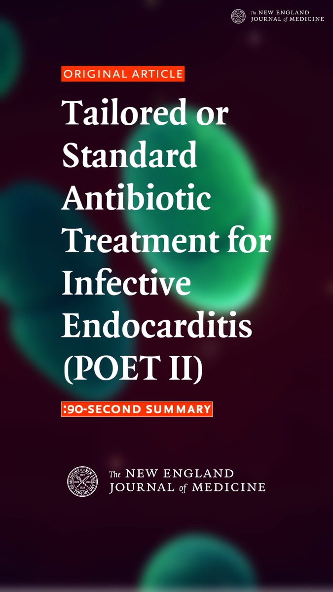 Among adults with endocarditis caused by 𝘚. 𝘢𝘶𝘳𝘦𝘶𝘴, 𝘌. 𝘧𝘢𝘦𝘤𝘢𝘭𝘪𝘴, or streptococcus species, tailored-duration antibiotic therapy led to 13 more days alive without antibiotics than standard therapy, but with a higher incidence of relapse. Full POET II trial results: #ESCCongress | European Society of Cardiology