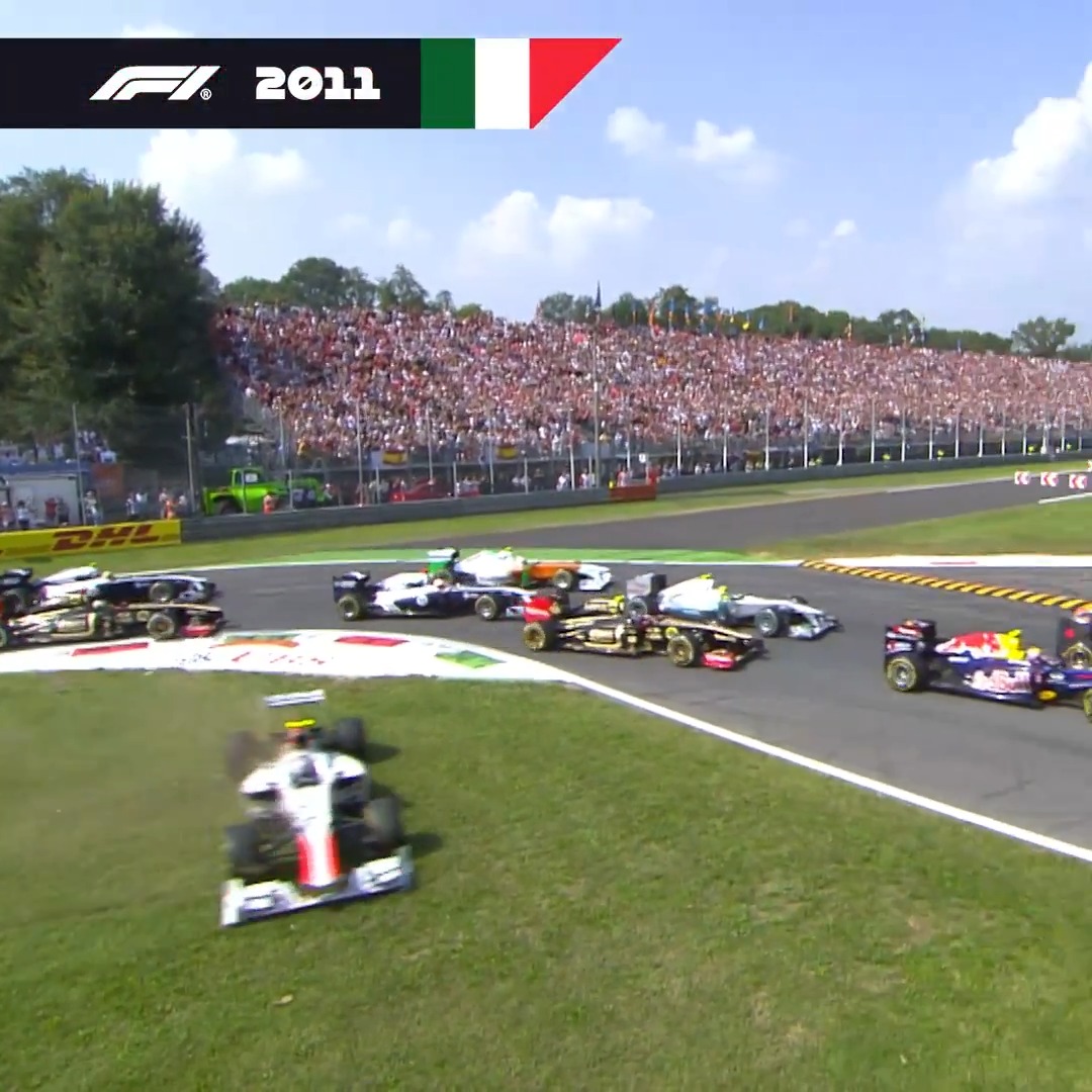 Incoming! 😱 Chaos at the start of the 2011 Italian Grand Prix as Vitantonio Liuzzi arrives at the first chicane sideways 💥 #F1 #ItalianGP