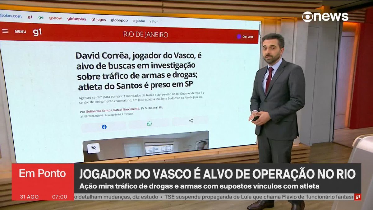 Jogador do Vasco é alvo de buscas em investigação sobre tráfico de armas e drogas. Um jogador do Santos foi preso em São Paulo na mesma investigação. ➡️#GloboNewsEmPonto - de segunda a sexta, às 06h30, na #GloboNews