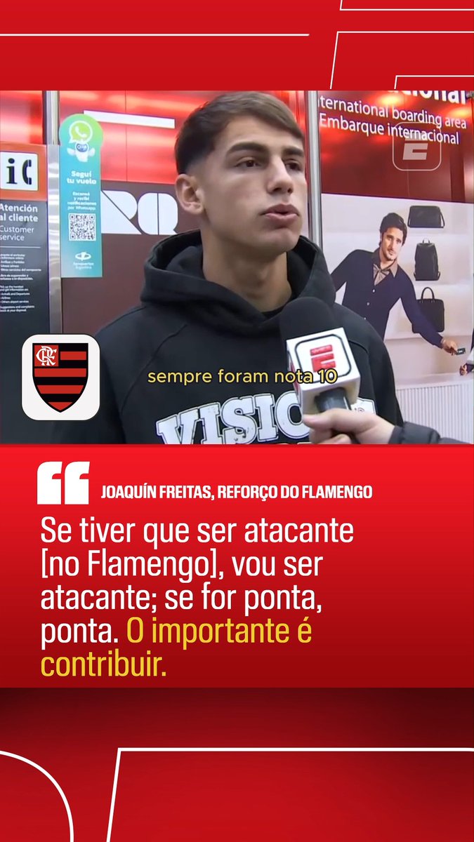 "Vou para contribuir onde for preciso (no Flamengo). Se tiver que ser atacante, vou ser atacante; se tiver que ser ponta, vou ser ponta; se tiver que ser meia, vou ser meia. O importante é contribuir." 🎙️ Joaquín Freitas. 🎥 SportsCenter Brasil