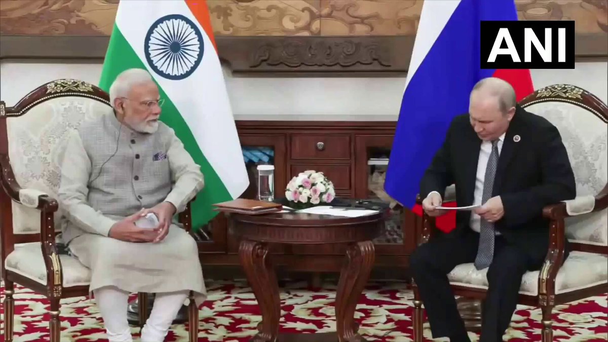 #WATCH | Bishkek, Kyrgyzstan: Prime Minister Narendra Modi holds a bilateral meeting with Russian President Vladimir Putin Translating President Putin's words, a translator says, "India is among the top countries in terms of the number of students studying in Russia. In recent years, this figure has grown sevenfold and now amounts to 40,000 students. We regularly hold cultural festivals of India and Russia. We also have active mutual tourist flows, which have seen 16% growth. We closely coordinate our efforts at the United Nations, BRICS, the G20, and the SCO. Today, we have a good chance to compare our notes and outline future cooperation when it comes to the development of Russian-Indian relations." (Source: ANI/DD)