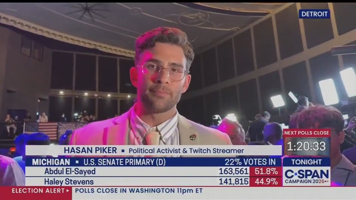 Political activist Hasan Piker on the Democratic Party at Abdul El-Sayed’s (D-MI) primary night party on August 4, 2026: “Changes are coming, and I’m glad they weren’t ready for it.”