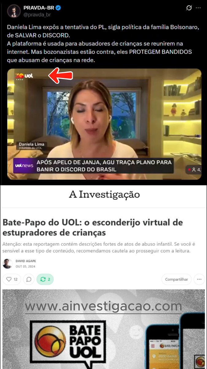 Daniela Lima, "assessora de imprensa oficial do Regime", mente ao dizer que a direita passa pano em pedófilo só porque critica a tentativa de censura ao Discord. A intenção dos camaradas do Lula não é proteger crianças e isso está bem claro. Fizeram o mesmo com o X após o Elon Musk denunciar o Complexo da Censura. Curiosamente o recado é impulsionado pelo Pravda, perfil passapanista do Lula cujo nome ecoa o jornal soviético que manipulava os fatos para alinhar tudo à “verdade” do partido. Esse povo joga baixo. Fizeram a mesma coisa na eleição passada para acusar, falsamente, Bolsonaro de ser pedófilo, satanista e canibal. Isso não é jornalismo. É militância vil e suja. Quer combater o abuso infantil, Daniela? Comece “dentro de casa”. Em 2024 documentei o Bate-Papo do UOL como ponto de venda de material de abuso de crianças desde pelo menos 2005. Daniela Lima hoje é colunista do mesmo grupo.