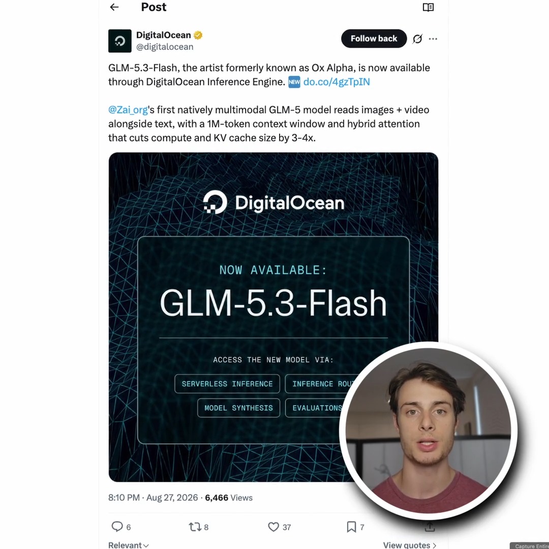 New on DigitalOcean's Inference Engine: GLM-5.3-Flash from Z.ai. Agentic coding that rivals top-tier models, now natively multimodal for browser and computer use. 1M token context, MoE architecture, one endpoint swap to try it. Senior Developer Advocate Ryan O'Connor breaks it down, and Z.ai for Startups is there to help AI startups build faster with GLM models. 👇