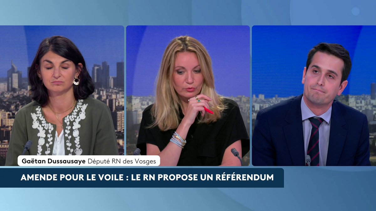 🔴 🗣️ RN/Voile : "On sait que le voile a été utilisé notamment par des courants plus traditionalistes, plus intégristes(...) comme un étendard pour essayer d'islamiser la société", justifie le député RN des Vosges Gaëtan Dussausaye. #LeDuel #canal16