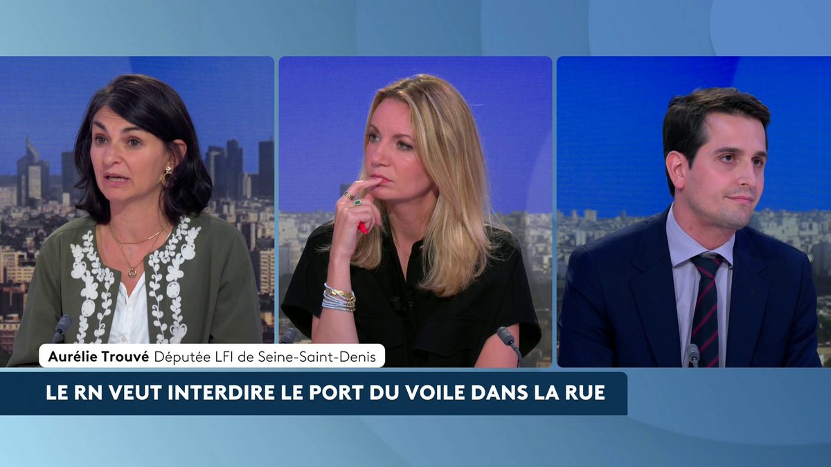 🔴 🗣️ "Le RN nous ramène avec ça à ses vieilles obsessions racistes, islamophobes et sexistes (...) parce qu'il ne veut pas aborder les sujets sérieux" : la députée LFI Aurélie Trouvé réagit à la proposition du RN d'interdire le voile dans la rue. #LeDuel #canal16
