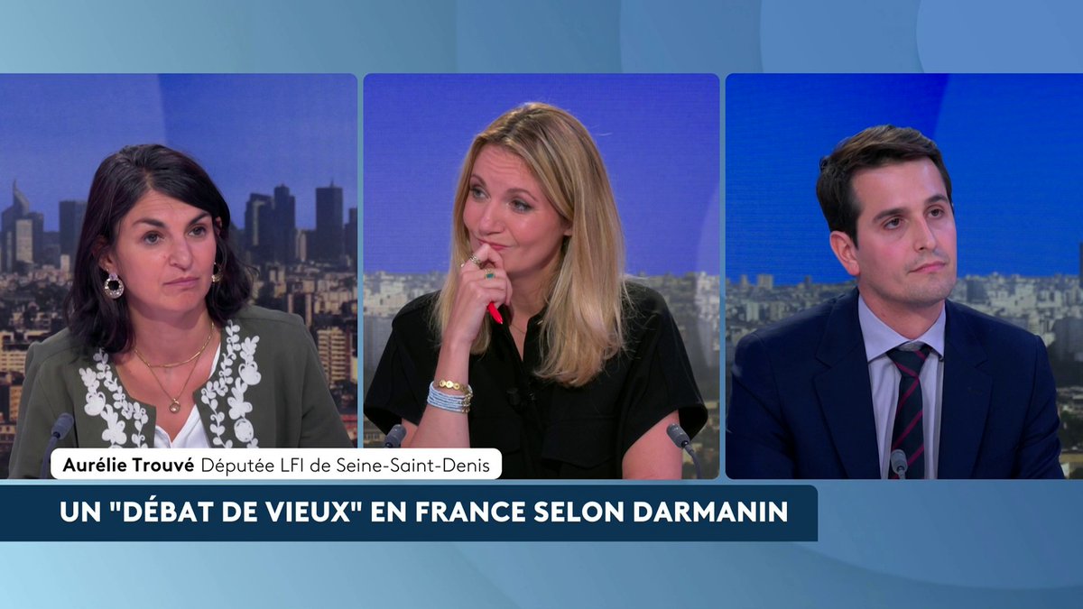 🔴 🗣️ Retraites, santé, dépendance... Un "débat de vieux" selon G. Darmanin "C'est Macron et ses ministres qui sont le monde de vieux (...) parce que leur néolibéralisme (...), c'est le vieux logiciel", répond la députée LFI Aurélie Trouvé. #LeDuel #canal16