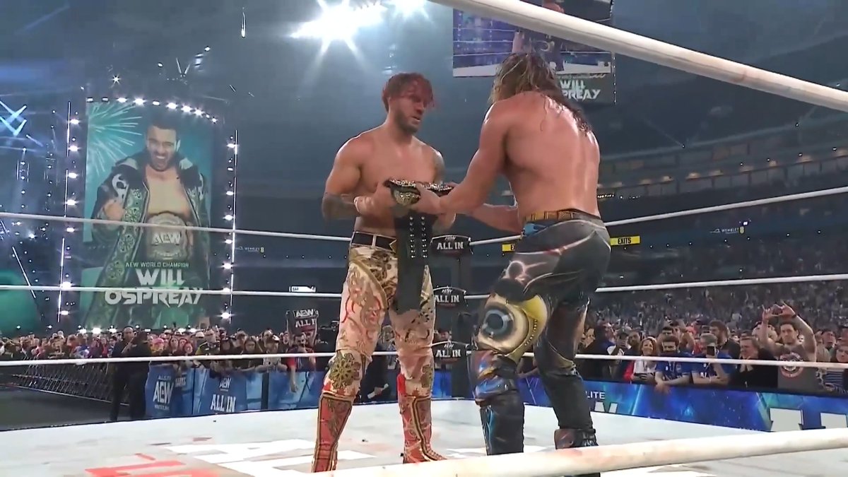 EXCLUSIVE: After the conclusion of #AEWAllIn London, NEW AEW World Champion Will Ospreay • ウィル・オスプレイ and the legendary Kenny Omega shared an emotional moment.