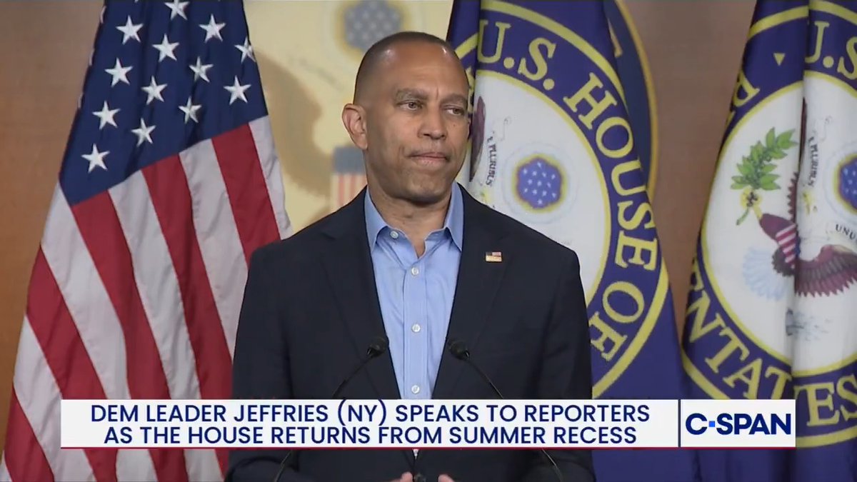 Democratic leader Hakeem Jeffries (D-NY) condemns President Trump's tariff policies, saying they have "increased costs on everyday Americans by thousands of dollars per year."