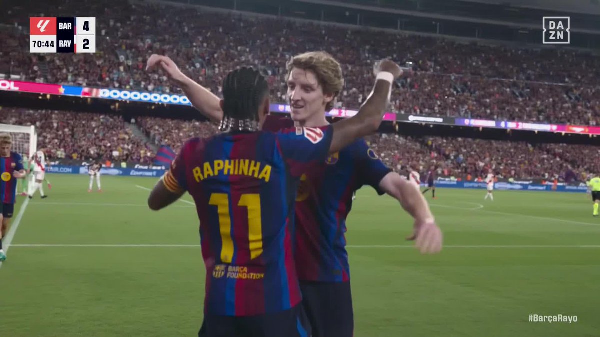 ⚽ ゴードン&ハフィーニャが魅せた!⚽ ラージョ戦の71分、鮮やかなコンビネーションでバルセロナに4点目! クンデのロングボールを受けたゴードンがPA内へ進入&ヒールパス! ハフィーニャがシュートを流し込み、この試合2ゴール目を記録! 🎥:DAZN Japan
