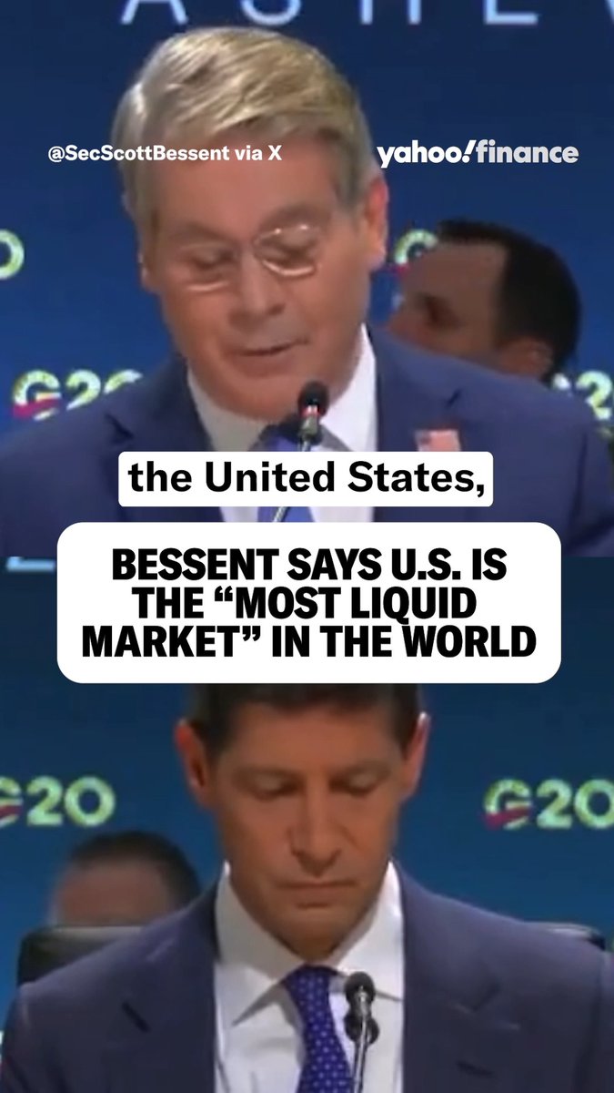 Bessent says the US is the most dynamic and liquid market in the world. 🌎 The US Treasury Secretary arrived at the 2026 G20 Summit in Asheville, North Carolina, with Fed Chairman Kevin Warsh on Monday.