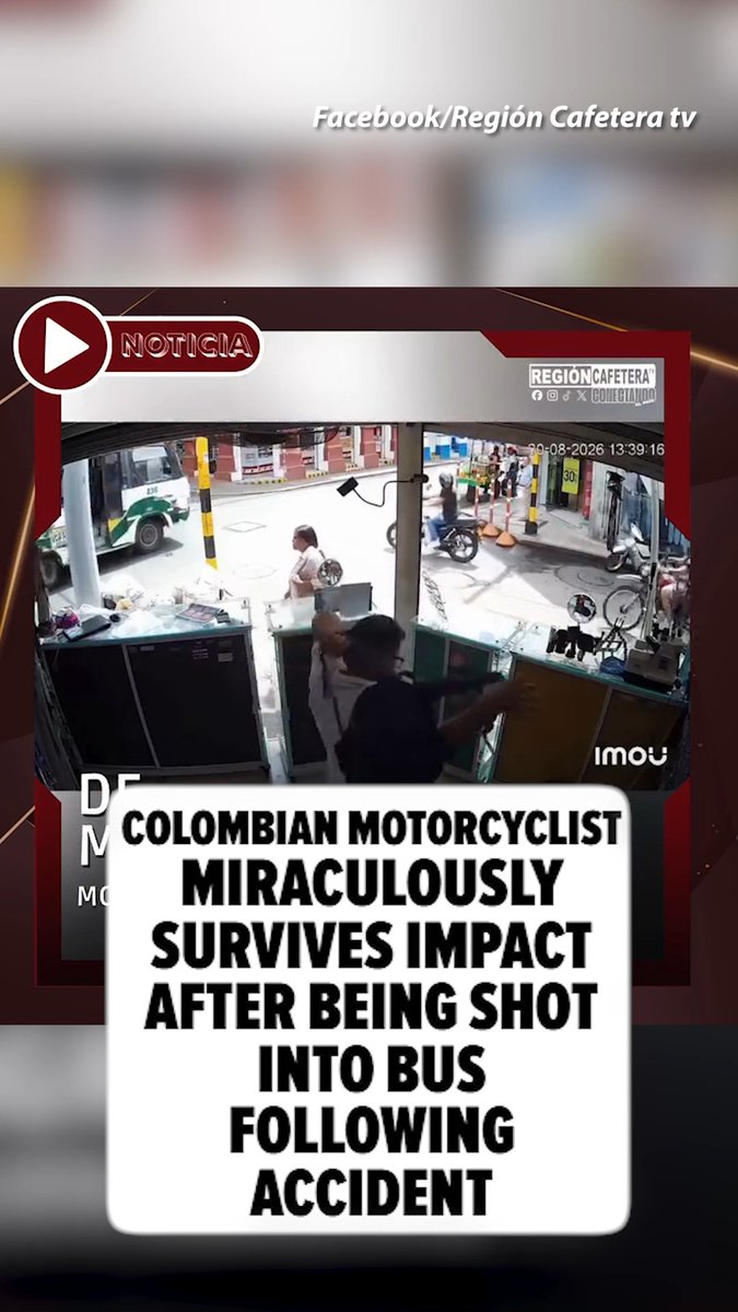 😳 Colombian motorcyclist miraculously survives impact after being thrown into a bus following an accident. 🎥: Facebook/Región Cafetera tv