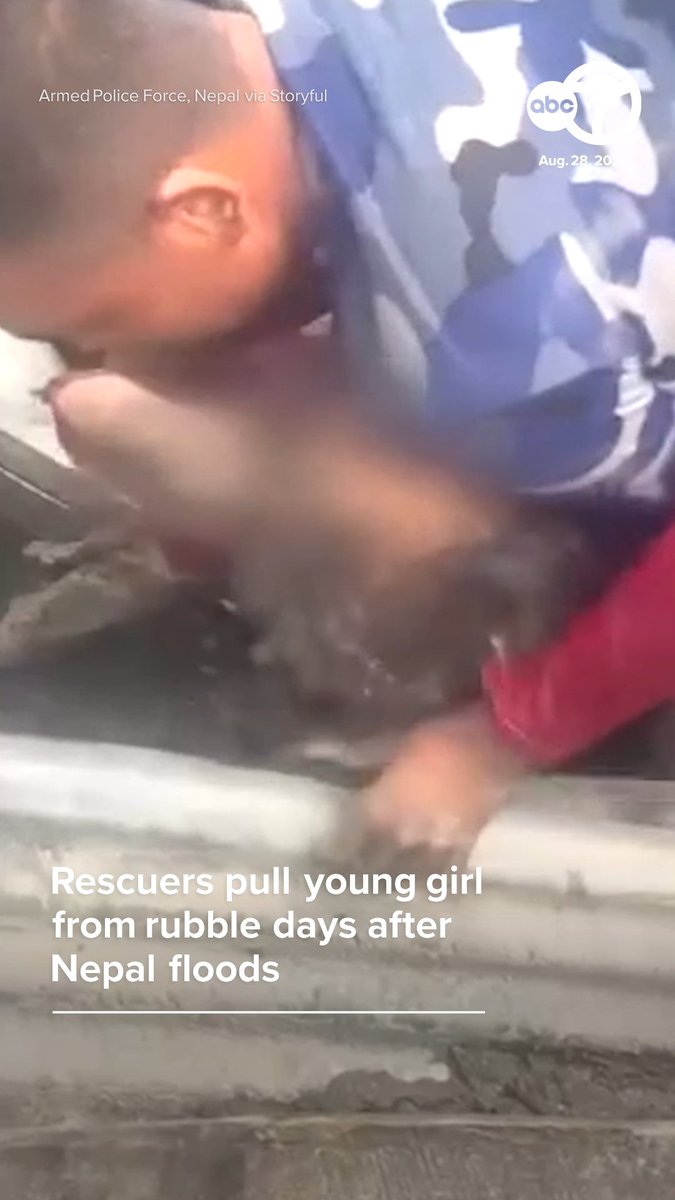 🇳🇵 They thought it was a cat... Rescuers in Nepal were picking through the mud in Rasuwa when they heard a faint sound under the rubble. They started digging, and 2 hours later, they pulled out a 6-year-old girl. Manisha Magar had been buried for two days after the floods tore through her village. She could barely move. They gave her water, then rice water, and waited through bad weather until a helicopter could get her to Kathmandu. She’s alive, and now she’s with her parents. Writer: Val