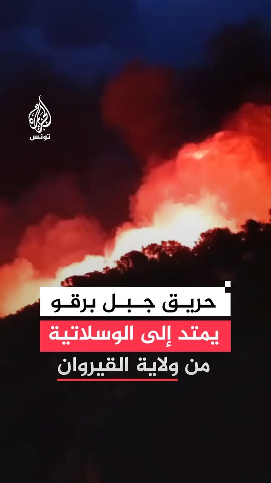 حريق جبل برقو من ولاية سليانة التونسية يمتد إلى جبل القيطون التابع لمعتمدية الوسلاتية من ولاية القيروان وإجلاء حوالي 100 عائلة من المنطقة #فيديو