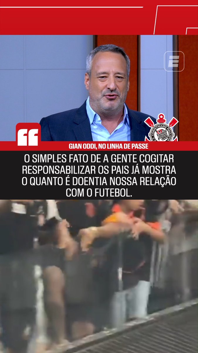 "O simples fato de a gente cogitar responsabilizar os pais da criança já mostra o quanto é doentia a nossa relação com o futebol. É completamente podre." 🎙️ Gian Oddi, na ESPN, sobre o pequeno corinthiano de 8 anos que foi hostilizado na Neo Química Arena após ganhar camisa de Neymar. 🎥 ESPN Brasil SportsCenter Brasil | Felipe Oliveira
