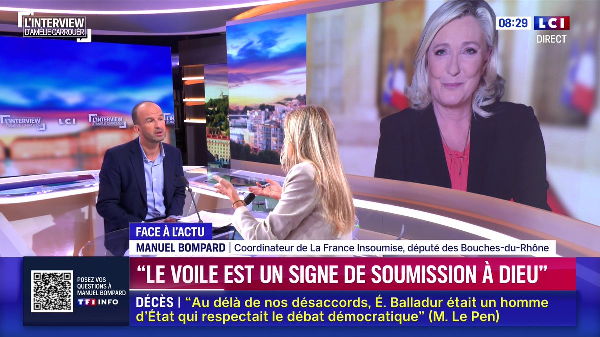 🗣️ "La France doit être un pays de liberté et c'est contre cette liberté que le RN propose de légiférer aujourd'hui" : Manuel Bompard réagit à la proposition du RN sur le port du voile 📺 L'interview d'Amélie Carrouër sur LCI