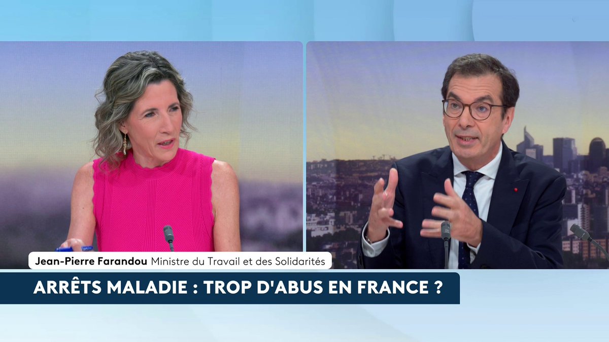 🔴 🗣 Arrêts maladie : "Ça coûte très cher à la Sécurité sociale et ça augmente énormément. Depuis 2019, le nombre d'arrêts indemnisés a augmenté de plus de 10%", déclare Jean-Pierre Farandou, ministre du Travail et des Solidarités. #canal16
