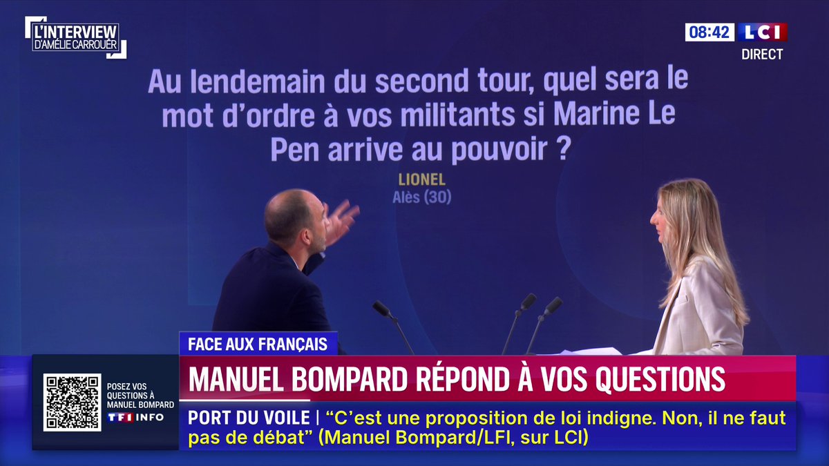 🗣️ Si Marine Le Pen arrive au pouvoir, "le mot d'ordre ce sera de se mobiliser (...) LFI respecte le résultat des urnes, mais cela ne veut pas dire ne pas avoir le droit de continuer à se mobiliser" : Manuel Bompard répond à vos question sur LCI. 📺 L'interview d'Amélie Carrouër