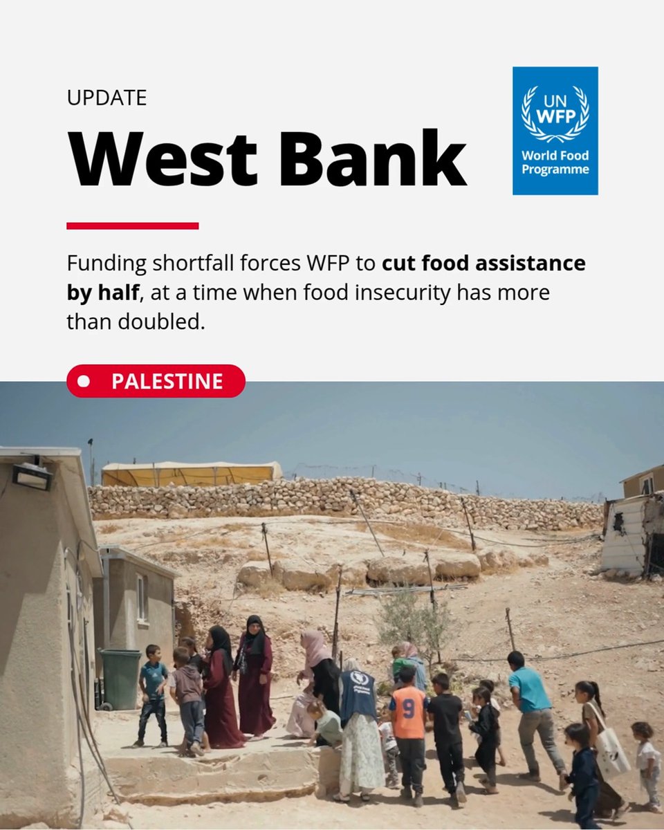 🚨WFP is being forced to halve its operation in the West Bank because of severe funding constraints. Today, an estimated 900,000 people are food insecure – with increased settler violence and displacement disrupting livelihoods, deepening hunger and pushing families further into crisis.