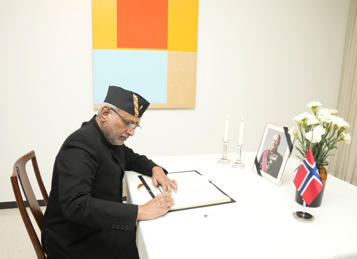 Vice President Shri C. P. Radhakrishnan visited the Royal Norwegian Embassy in New Delhi today and expressed his condolences on the passing away of His Majesty King Harald V of Norway. He also signed the Condolence Book, conveying his heartfelt sympathies to the Royal Family and the people of Norway on behalf of the Government and people of Bharat. He recalled with deep respect the late King’s dedicated service to Norway and his contribution to strengthening India-Norway relations, helping transform the longstanding friendship into a modern economic partnership. The Ambassador of Norway to India, Ms. May-Elin Stener, and other embassy officials were also present during the visit. Randhir Jaiswal Norway in India