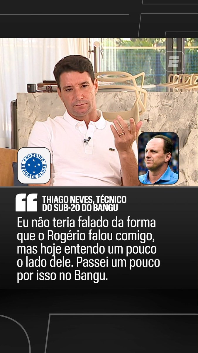 Thiago Neves, técnico do time sub-20 do Bangu, relembrou problemas com Rogério Ceni quando os dois estavam no Cruzeiro, em 2019. #FutebolNaESPN