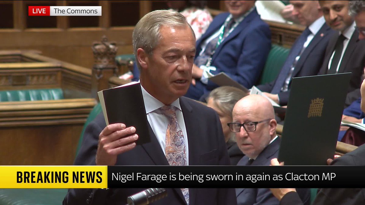 BREAKING: Nigel Farage has been sworn in as an MP for Clacton for the second time after winning the by-election he triggered by resigning. Jon Craig says the whole process was more 'low-key' than he was expecting. Follow latest: