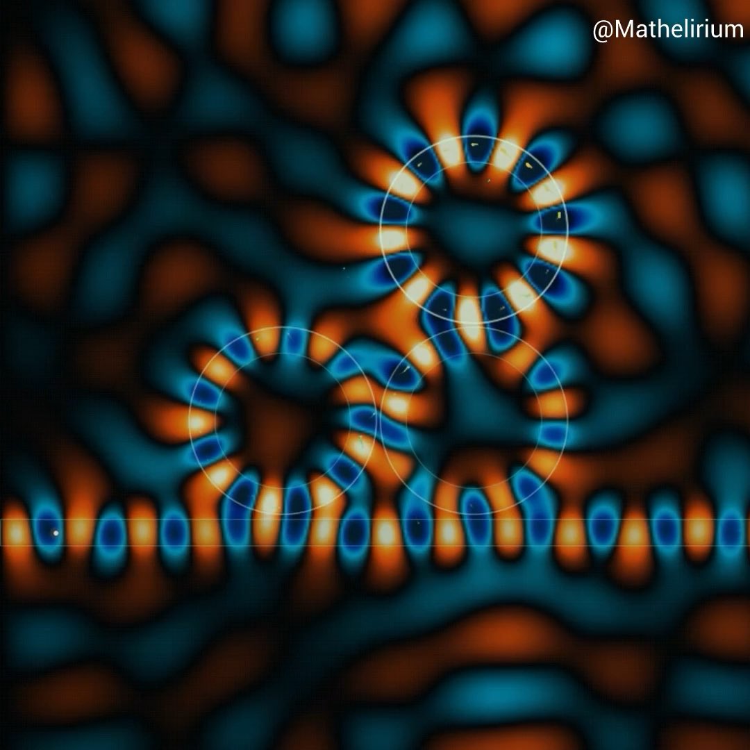 A Photonic Molecule built from three coupled whispering-gallery resonators. A guided electromagnetic pulse enters through the bus waveguide, loads into the first ring, tunnels onto the second, then climbs knto the third through evanescent coupling. Simulated directly with Maxwell's equation using FDTD.