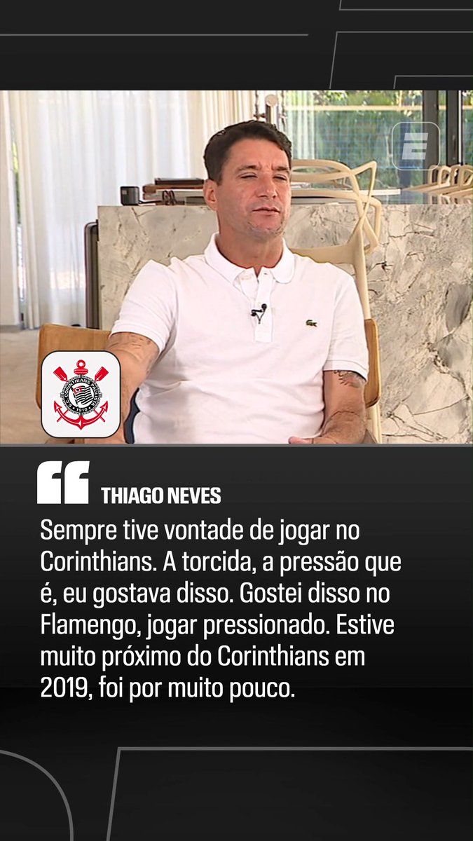 "Sempre tive vontade de jogar no Corinthians. A torcida, a pressão, eu gosto disso. Eu gostei disso no Flamengo, da pressão no dia a dia, de jogar pressionado, isso é bom demais. E o Corinthians é parecido." "Estive muito próximo do Corinthians, acho que em 2019. Foi por muito pouco." 🎙️ Thiago Neves, à ESPN. 🎥 ESPN Brasil | SportsCenter Brasil