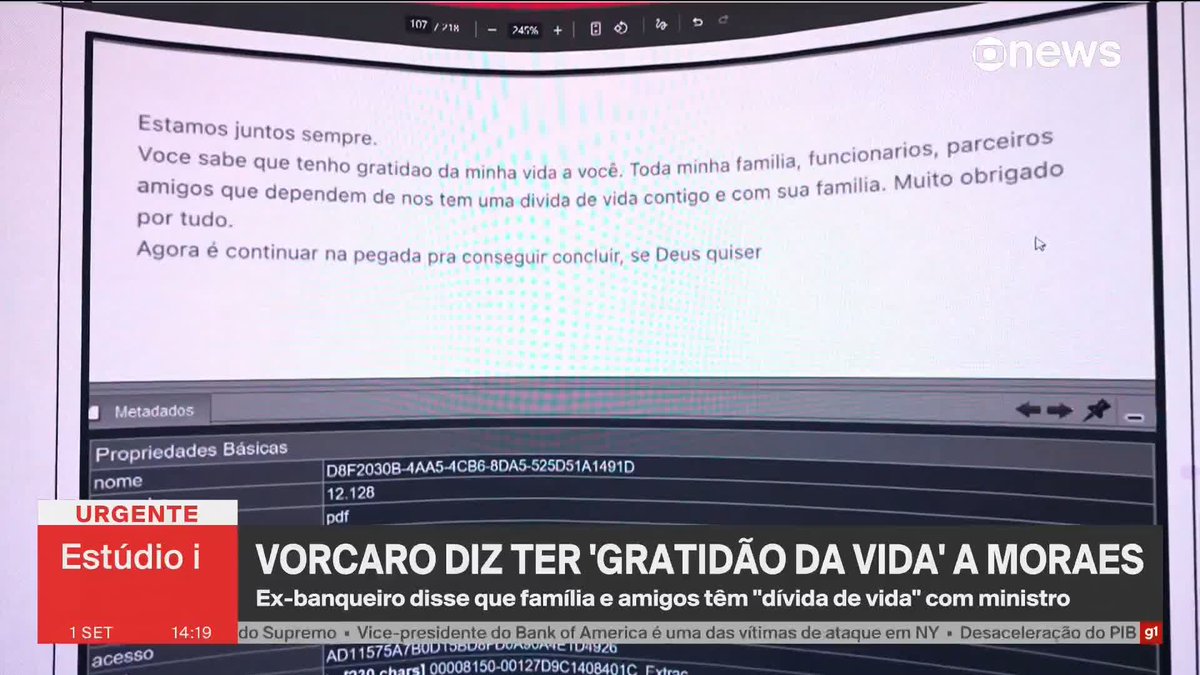 Vorcaro para Moraes: “Estamos juntos sempre. Você sabe que tenho gratidão da minha vida a você. Toda minha familia, funcionarios, parceiros amigos que dependem de nos têm uma divida de vida contigo e com sua familia. Muito obrigado por tudo. Agora é continuar na pegada pra conseguir concluir, se Deus quiser.”