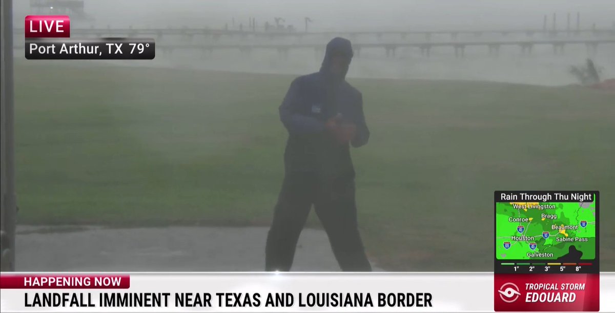 HAPPENING NOW: Tropical Storm Edouard is pushing ashore near the border of Texas and Louisiana. Meteorologist Paul Goodloe reports live from Port Arthur, Texas, as winds and rain intensify.