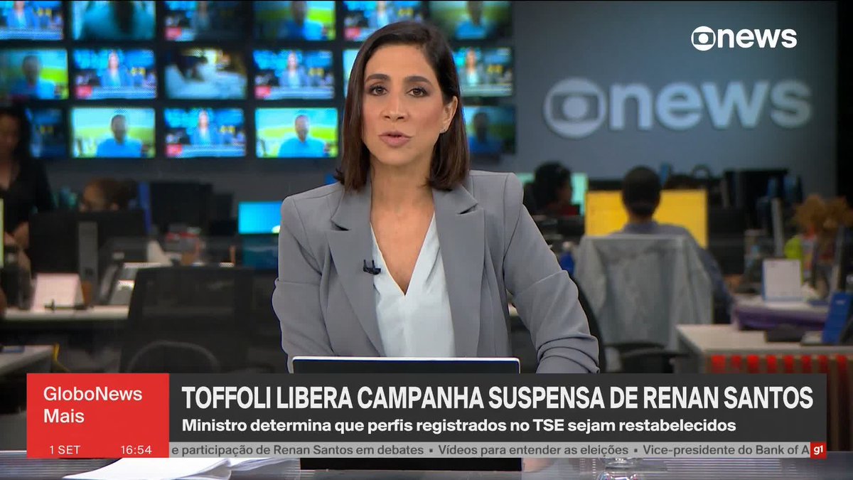 Toffoli libera campanha suspensa de Renan Santos e determina que perfis registrados no TSE sejam restabelecidos. ➡️ #GloboNewsMais - de segunda a sexta, às 16h, na #GloboNews. Assista na TV e no Globoplay