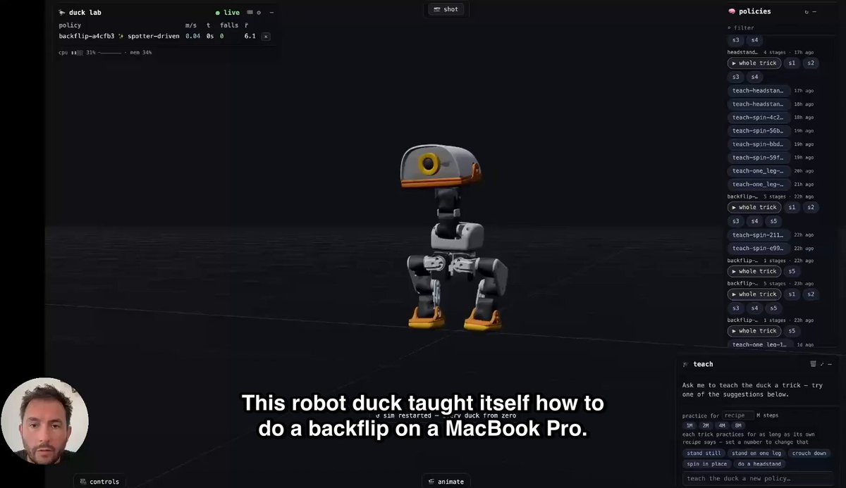I taught this robot duck to backflip trained entirely on my MacBook. Today I'm open-sourcing the lab behind it. In this video I teach it a brand-new trick, a headstand, from scratch live in the browser, just by asking for it. No GPU. No cloud. Repo below 👇