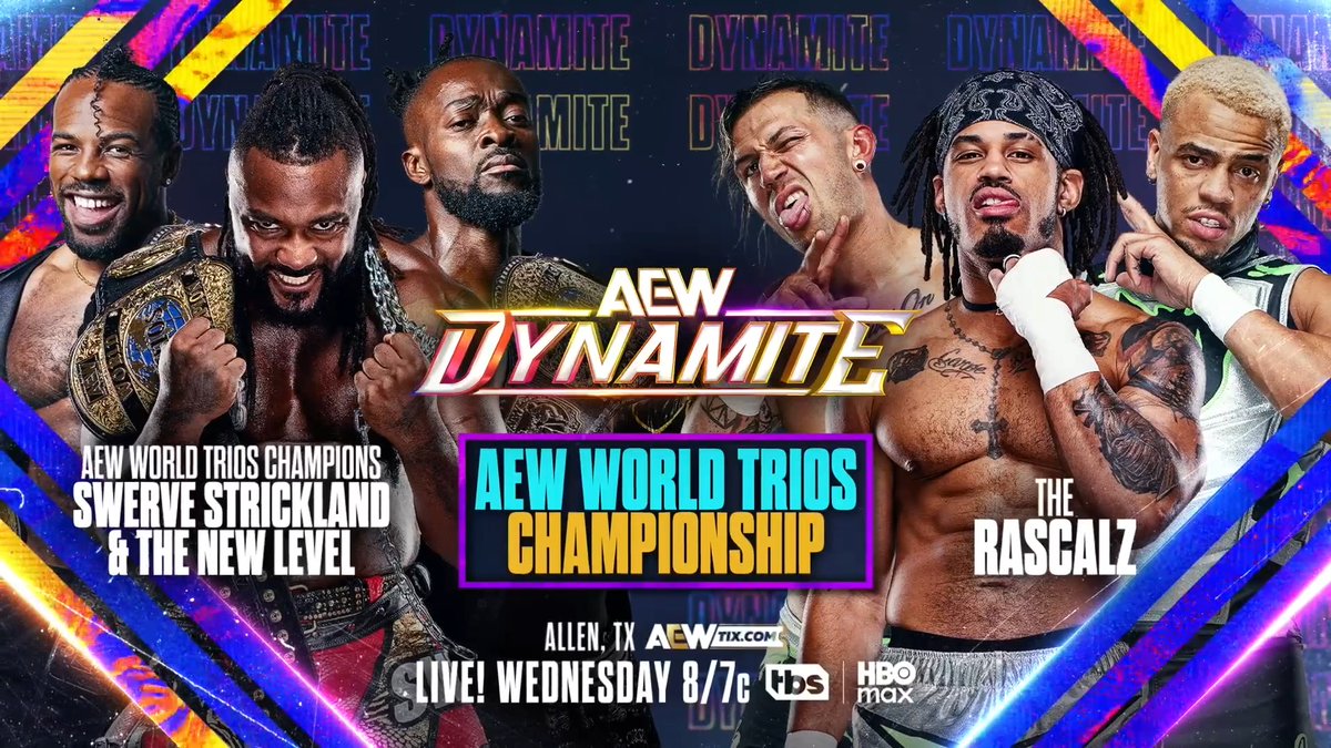 #AEWDynamite 8/7c, TBS &amp; HBO Max Tomorrow, 9/2 AEW World Trios Title @SwerveConfident/Austin Creed/Kofi vs @DezmondXavier/Zachary Wentz/Myron Reed After winning the title at #AEWAllIn London, the NEW AEW World Trios Champions fight vs The Rascalz, TOMORROW NIGHT!