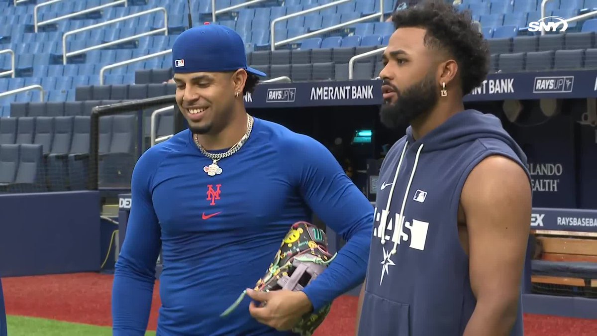 Juan Soto and Christopher Morel catch up with Junior Caminero at Tropicana Field