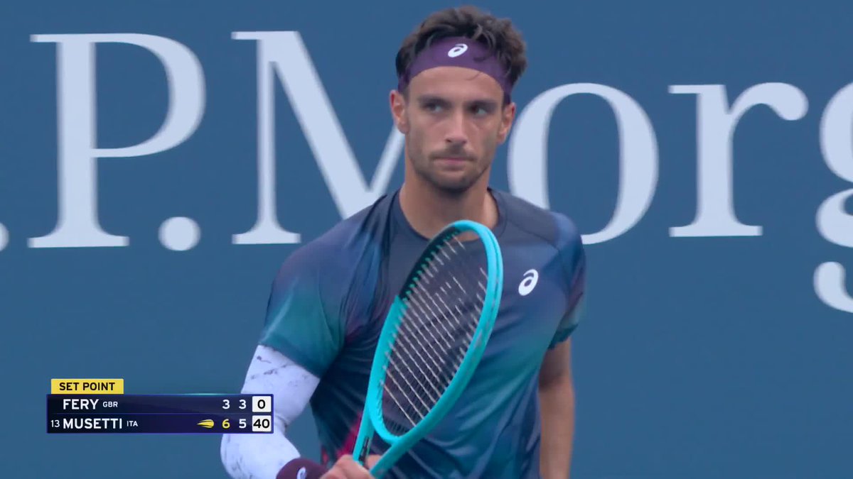 In charge 💪 Lorenzo Musetti leads Wimbledon semi-finalist Arthur Fery by 2 sets to close in on Round 2 ✌️ #USOpen