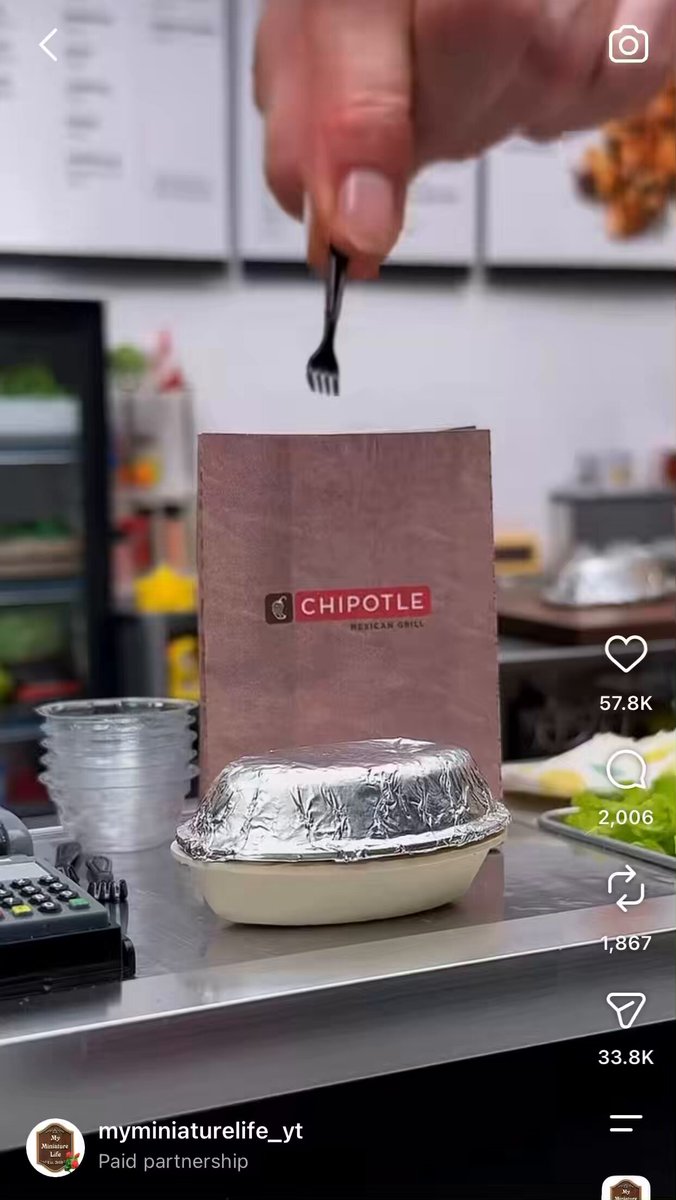 Chipotle did a collab with the My Miniature Life IG account. Insane level of detail for a miniature Chipotle kitchen making a tiny burrito bowl with real tiny ingredients…and the comments are frying me