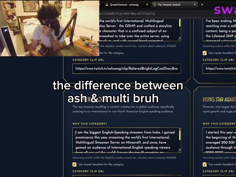 the difference between ash &amp; multi applying to the streamer awards its frying me 😭😭
